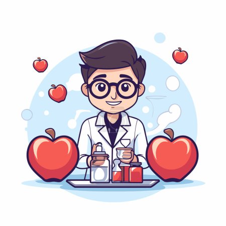 Illustration for Vector illustration of a boy in a lab coat and glasses holding a flask and a bottle of water. - Royalty Free Image