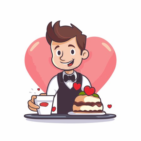 Téléchargez les illustrations : Mignon serveur avec une tasse de café et un gâteau. Illustration vectorielle - en licence libre de droit