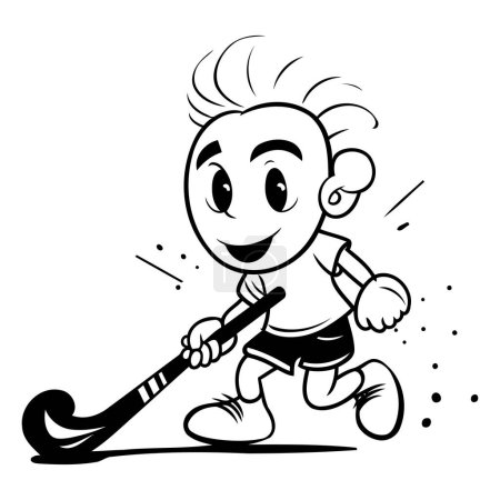 Ilustración de Muchacho de dibujos animados jugando hockey - Ilustración vectorial en blanco y negro. - Imagen libre de derechos