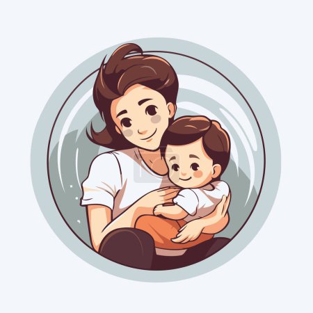 Téléchargez les illustrations : Mère et bébé dans un cadre rond. Illustration vectorielle d'une famille heureuse. - en licence libre de droit