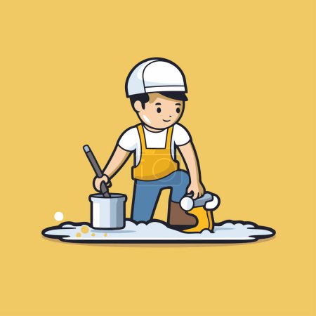 Téléchargez les illustrations : Illustration vectorielle d'un garçon avec un seau et une pelle sur fond jaune - en licence libre de droit