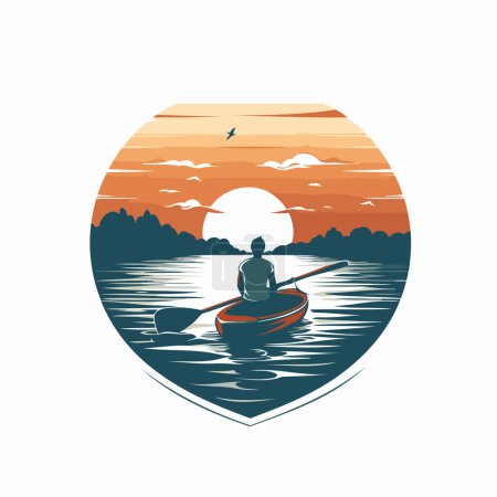 Téléchargez les illustrations : Un homme pagayant dans un canot sur un lac. Illustration vectorielle. - en licence libre de droit
