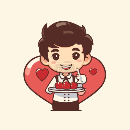 Illustration for Illustration of a cute boy holding a plate of cherries and a heart - Royalty Free Image