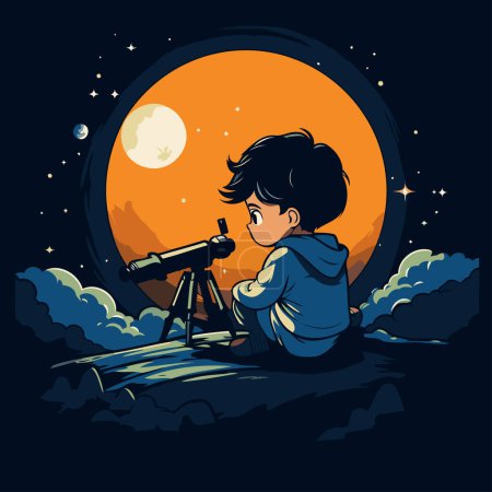 Ilustración de Chico mirando a través de un telescopio en el cielo nocturno. Ilustración vectorial. - Imagen libre de derechos