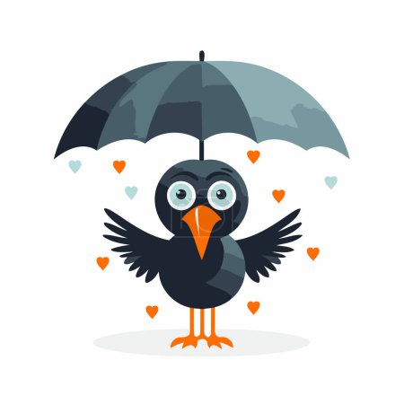 Illustration for Cute crow with umbrella and hearts. Vector illustration in flat style - Royalty Free Image