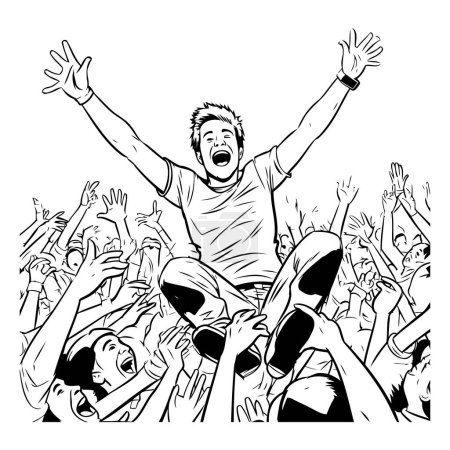 Téléchargez les illustrations : Illustration vectorielle dessinée à la main d'un jeune homme heureux dansant lors d'un festival de musique - en licence libre de droit