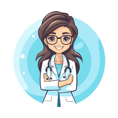 Téléchargez les illustrations : Femme médecin personnage de dessin animé avec stéthoscope et lunettes. Illustration vectorielle. - en licence libre de droit