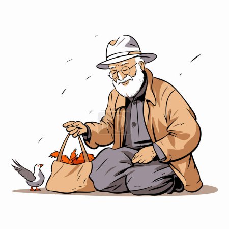 Téléchargez les illustrations : Vieil homme avec un sac de nourriture. Illustration vectorielle sur fond blanc. - en licence libre de droit