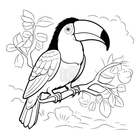 Téléchargez les illustrations : Livre à colorier pour enfants. Toucan assis sur une branche avec des fleurs - en licence libre de droit