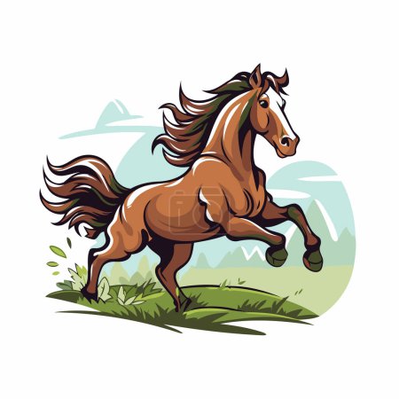 Téléchargez les illustrations : Cheval courant sur la prairie verte. Illustration vectorielle d'un cheval de course. - en licence libre de droit