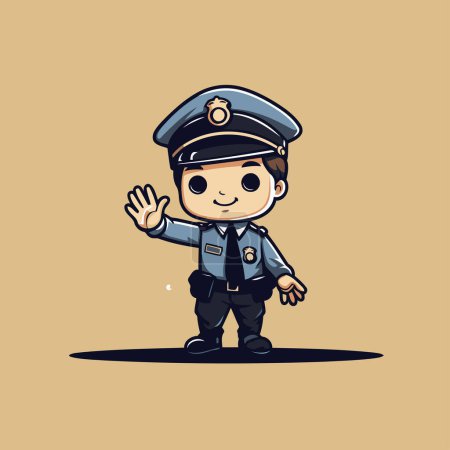 Téléchargez les illustrations : Illustration vectorielle d'un garçon de dessin animé mignon en uniforme de police agitant la main. - en licence libre de droit