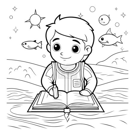 Téléchargez les illustrations : Joli petit garçon lisant un livre. Illustration vectorielle. Livre à colorier pour enfants. - en licence libre de droit