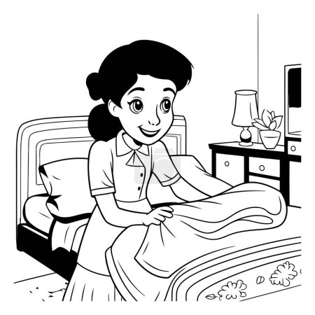 Illustration for Girl sitting on the bed at home. Black and white vector illustration. - Royalty Free Image