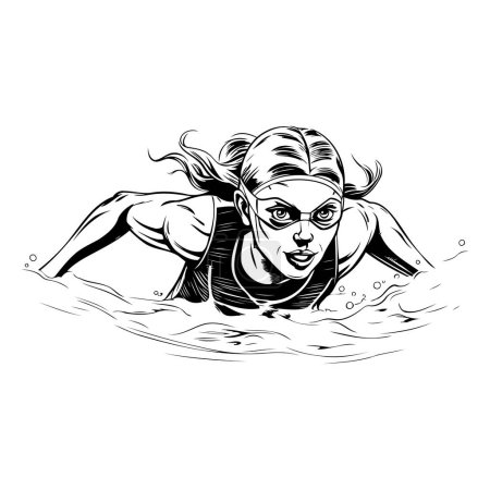 Illustration for Female swimmer in a swimming pool. Black and white vector illustration. - Royalty Free Image