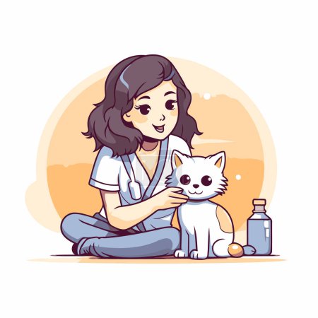 Téléchargez les illustrations : Fille avec chat et bouteille d'eau. Illustration vectorielle dans le style dessin animé. - en licence libre de droit