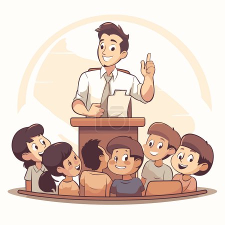 Illustration for Teacher and students. Vector illustration in cartoon style on white background. - Royalty Free Image