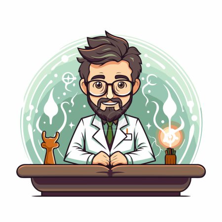 Illustration for Vector illustration of a cartoon scientist in a lab coat and glasses. - Royalty Free Image
