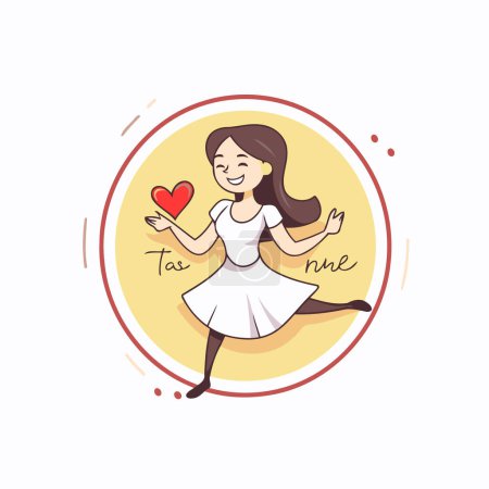 Téléchargez les illustrations : Illustration vectorielle d'une fille en robe blanche avec un cœur dans les mains. - en licence libre de droit