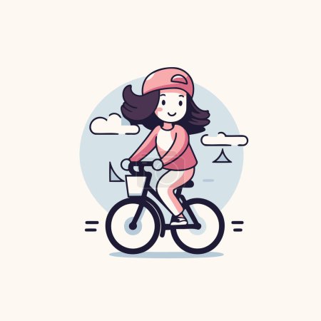 Téléchargez les illustrations : Illustration vectorielle d'une fille faisant du vélo en ville. Style design plat. - en licence libre de droit