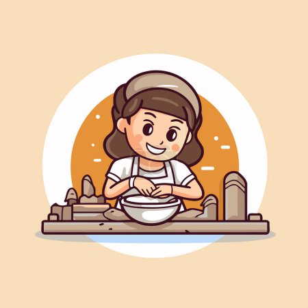Illustration for Cartoon girl cooking noodle in a bowl. Vector illustration. - Royalty Free Image