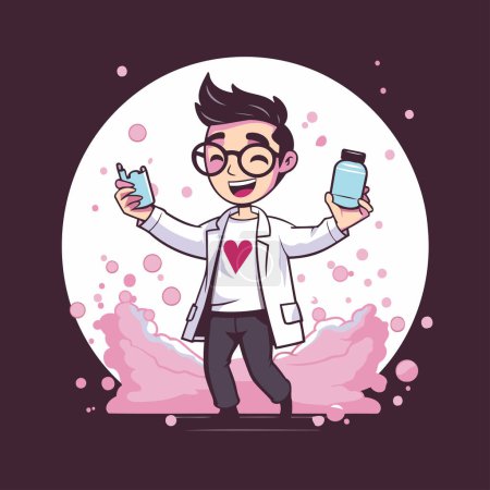 Illustration for Cute cartoon doctor with medicine bottle. Vector illustration in flat style - Royalty Free Image
