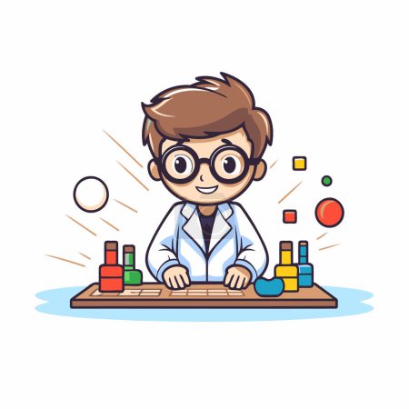 Illustration for Scientist boy working in laboratory cartoon character vector illustration graphic design. - Royalty Free Image