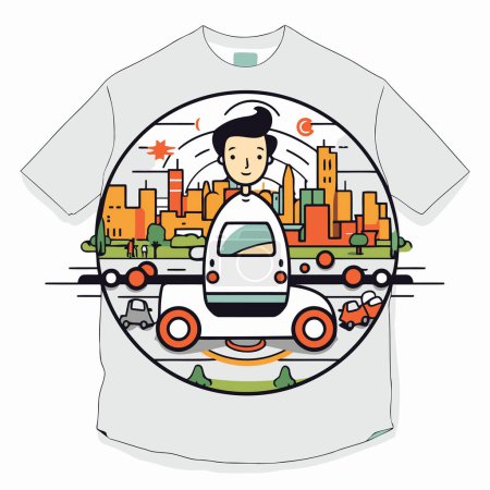 Téléchargez les illustrations : T-shirt imprimé avec illustration d'un homme conduisant une voiture - en licence libre de droit