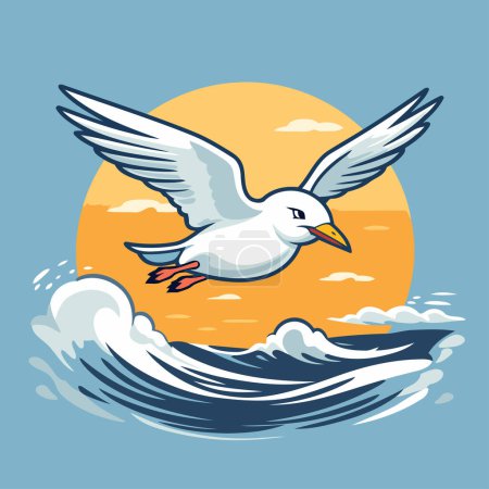 Illustration for Flying seagull on the sea. Vector illustration in cartoon style - Royalty Free Image