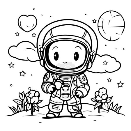 Téléchargez les illustrations : Un astronaute de bande dessinée sur le terrain. Illustration vectorielle noir et blanc. - en licence libre de droit