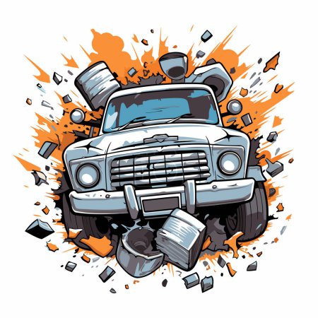 Téléchargez les illustrations : Illustration vectorielle d'une voiture rétro sur fond d'explosion de débris. - en licence libre de droit