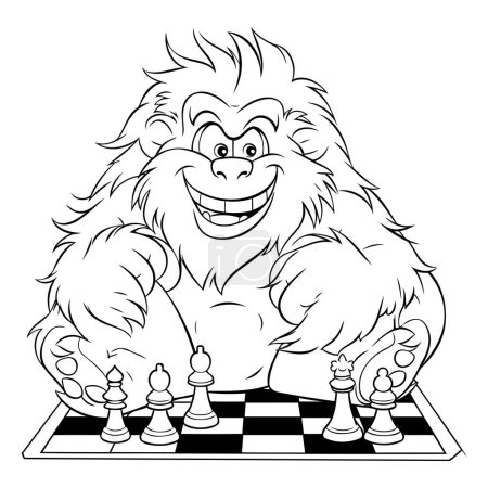 Ilustración de Ilustración de dibujos animados en blanco y negro del mono jugando al ajedrez para colorear libro - Imagen libre de derechos