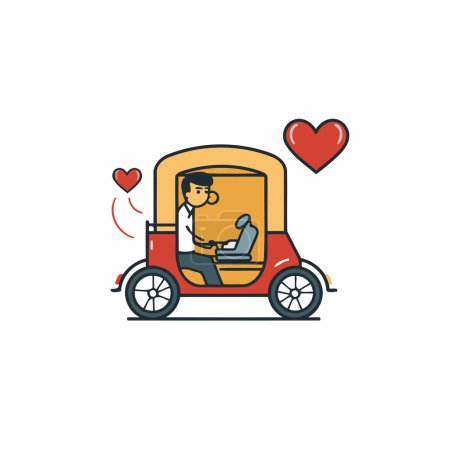 Illustration for Businessman driving a tuk tuk with a heart. Vector illustration - Royalty Free Image