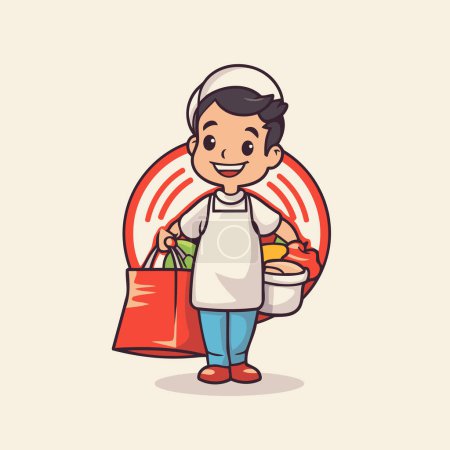 Illustration for Cute cartoon boy holding shopping bag with food. vector illustration. - Royalty Free Image