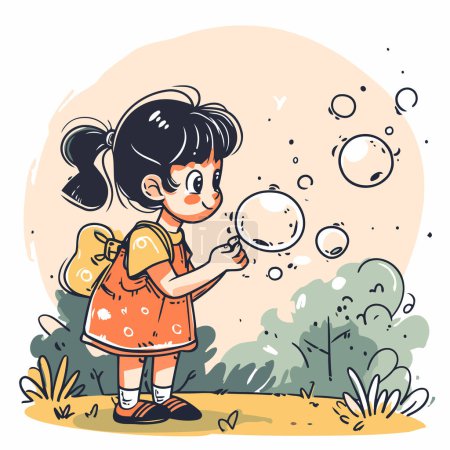 Téléchargez les illustrations : Petite fille soufflant des bulles de savon dans le parc. Illustration vectorielle de dessin animé. - en licence libre de droit