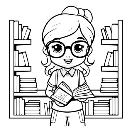Téléchargez les illustrations : Mignon petit étudiant fille lecture livre dans la bibliothèque vectoriel illustration conception - en licence libre de droit