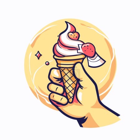 Téléchargez les illustrations : Main tenant un cône de crème glacée avec fraise et cerise. Illustration vectorielle. - en licence libre de droit