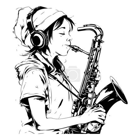 Téléchargez les illustrations : Fille jouant du saxophone sur un fond blanc. Illustration vectorielle. - en licence libre de droit