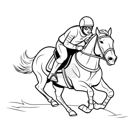 Illustration for Jockey riding a horse. Black and white vector illustration isolated on white background - Royalty Free Image