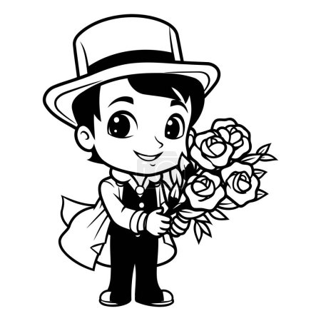 Téléchargez les illustrations : Illustration de dessin animé noir et blanc de mignon garçon tenant bouquet de fleurs pour livre à colorier - en licence libre de droit