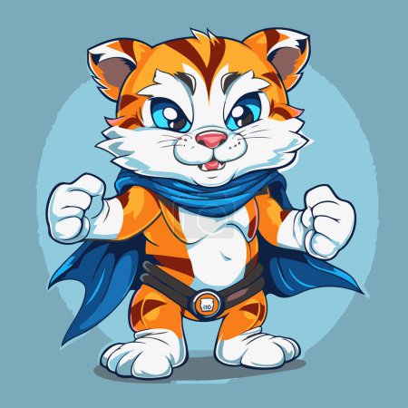 Ilustración de Lindo tigre de dibujos animados en traje de superhéroe. Ilustración vectorial aislada sobre fondo azul. - Imagen libre de derechos