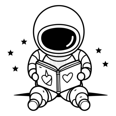 Illustration for Astronaut with book cartoon vector illustration graphic design in black and white - Royalty Free Image