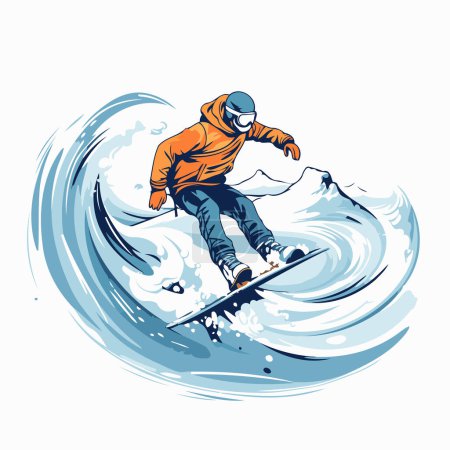 Téléchargez les illustrations : Snowboarder sautant dans les vagues. Illustration vectorielle pour votre design - en licence libre de droit