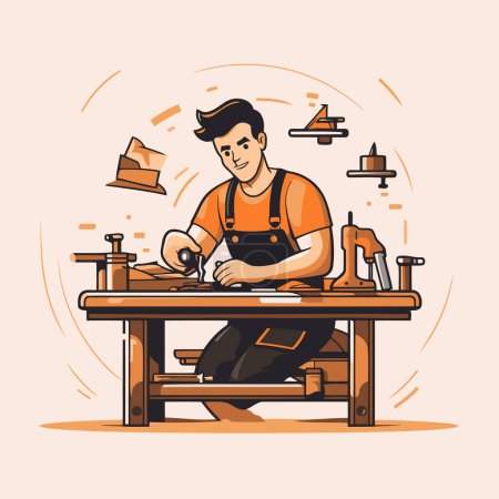 Illustration for Craftsman working at his workplace. Vector illustration in cartoon style - Royalty Free Image