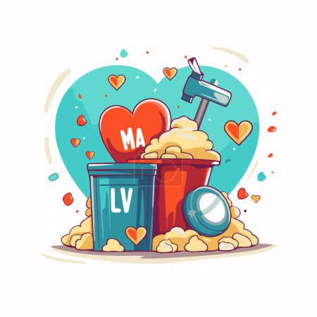 Téléchargez les illustrations : Illustration vectorielle de dessin animé de poubelle avec coeur et marteau. Conception plate. - en licence libre de droit