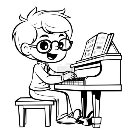 Téléchargez les illustrations : Boy Playing Piano - Illustration de bande dessinée en noir et blanc. Isolé sur fond blanc - en licence libre de droit