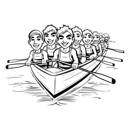 Téléchargez les illustrations : Illustration en noir et blanc d'une équipe d'aviron avec bateau à rames - en licence libre de droit