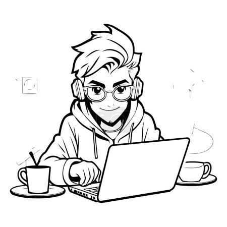 Illustration for Vector illustration of a young man with a laptop and cup of coffee - Royalty Free Image