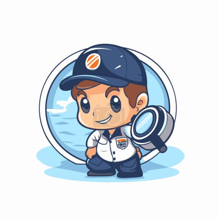 Illustration for Cute cartoon boy in pilot costume with magnifying glass. Vector illustration. - Royalty Free Image