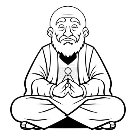Ilustración de Hombre viejo meditando - Ilustración de dibujos animados en blanco y negro aislado sobre fondo blanco - Imagen libre de derechos