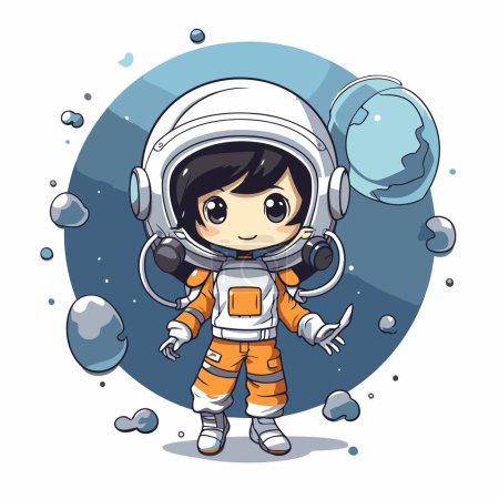 Téléchargez les illustrations : Jolie petite astronaute dans l'espace. Illustration vectorielle de dessin animé. - en licence libre de droit